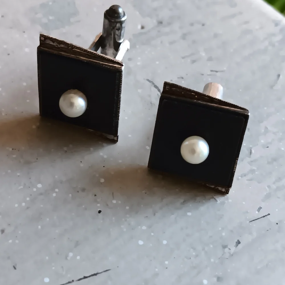 Vintage Sterling Silver Onyx Cufflinks with Pearl Accent
